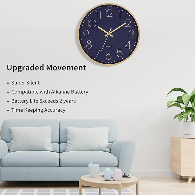 Foxtop Modern Wall Clock 12 Inch Silent Non-Ticking Battery Operated Round Quartz Gold Wall Clock for Living Room Bedroom Kitchen Office Classroom Decor (Dark Blue Dial)