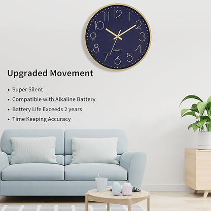 Foxtop Modern Wall Clock 12 Inch Silent Non-Ticking Battery Operated Round Quartz Gold Wall Clock for Living Room Bedroom Kitchen Office Classroom Decor (Dark Blue Dial)