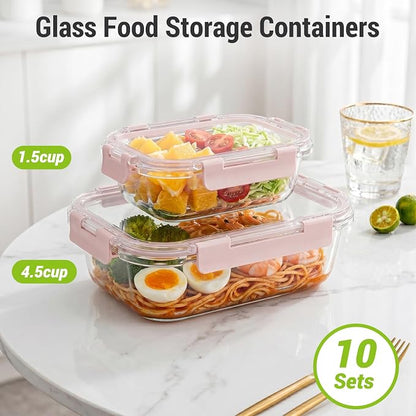 Dealusy 10 Sets (20-Piece) 4.5 Cup & 1.5 Cup Glass Food Storage Containers with lids, Airtight Leak-proof Glass Meal Prep Containers with Lids, Microwave Oven Freezer Dishwasher Safe, Pink