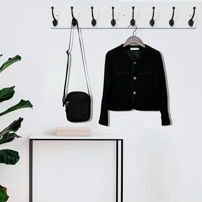 WEBI Rustic Coat Rack Wall Mount,35.43" Long 8 Cast Iron Coat Hooks Wall Mounted,Heavy Duty Wall Coat Hanger Hooks for Hanging Coats,Clothes,Black on White,2 Packs