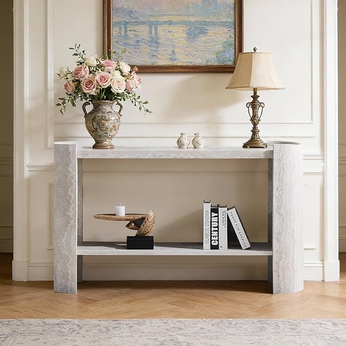 53" Console Table for Entryway, Narrow Sofa Entrance Table with Faux Mars Marble Pattern, Modern Sofa Tables with Storage Shelf for Living Room, Hallway, Foyer, Home Office, Beige