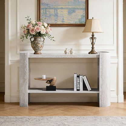 53" Console Table for Entryway, Narrow Sofa Entrance Table with Faux Mars Marble Pattern, Modern Sofa Tables with Storage Shelf for Living Room, Hallway, Foyer, Home Office, Beige