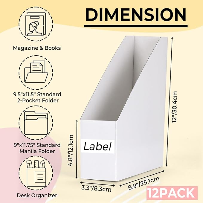 EXYGLO 12 Pack White Magazine File Holder, Cardboard Magazine Rack with Label, Foldable Storage Organizer Box for Book, Documents, 9.9x3.3x12 Inches