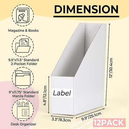 EXYGLO 12 Pack White Magazine File Holder, Cardboard Magazine Rack with Label, Foldable Storage Organizer Box for Book, Documents, 9.9x3.3x12 Inches