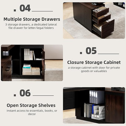 L Shape Executive Desk with Drawers and Storage Cabinet, Wooden Executive Office Desk for Home, Large Computer Table with Lateral File Cabinet for Studio, Dark Brown Black