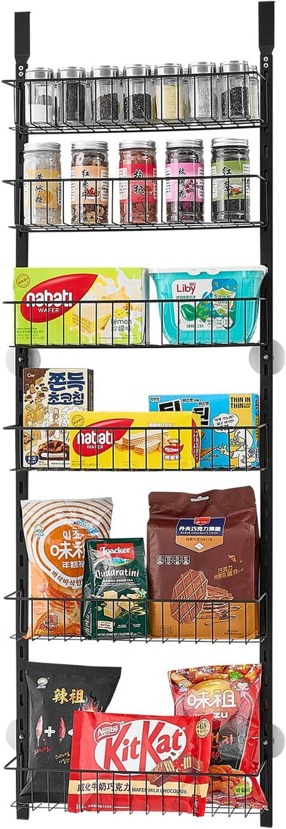 VEVOR Over the Door Pantry Organizer, 6-Tier Pantry Organization and Storage, Heavy-Duty Steel Hanging Spice Rack, Adjustable Wall Seasoning Shelves, for Home Kitchen Laundry Room Bathroom, Black