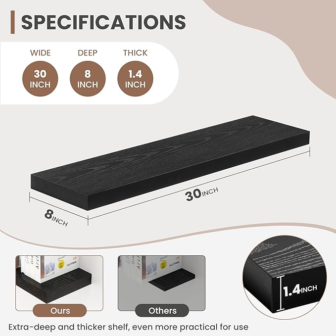 Acovy 30 Inch Floating Shelves, 8 Inch Deep Floating Shelves for Wall, Hanging Shelf with Invisible Brackets, Deep Shelves for Bathroom, Bedroom, Living Room, Black, Set of 2