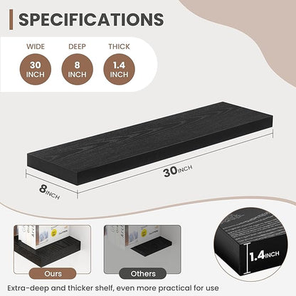 Acovy 30 Inch Floating Shelves, 8 Inch Deep Floating Shelves for Wall, Hanging Shelf with Invisible Brackets, Deep Shelves for Bathroom, Bedroom, Living Room, Black, Set of 2