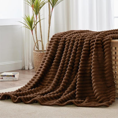 BEDELITE Twin Blanket for Couch & Bed, 300GSM Soft & Warm Fleece Blanket, Decorative and Giftable Striped Chotolate Brown Blankets for Women, Men, 60"x80"