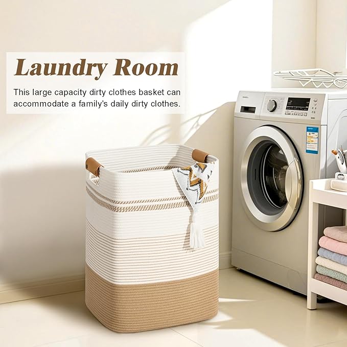 Degeyoyo Laundry Hamper, 75L Tall Laundry Basket with Leather Handles, Rectangle Large Clothes Hamper for Organizing, Cotton Woven Laundry Baskets Storage Hampers for Bedroom, Nursery, Living Room