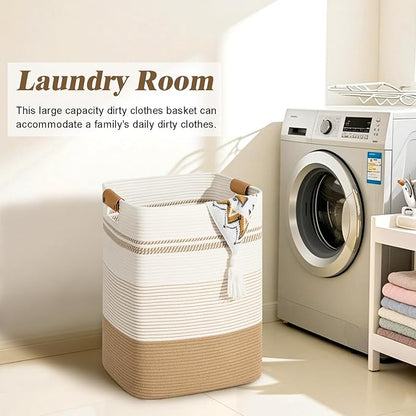Degeyoyo Laundry Hamper, 75L Tall Laundry Basket with Leather Handles, Rectangle Large Clothes Hamper for Organizing, Cotton Woven Laundry Baskets Storage Hampers for Bedroom, Nursery, Living Room