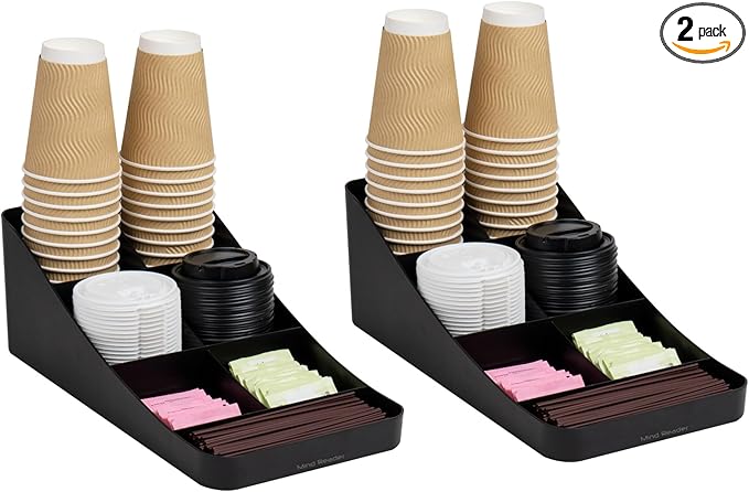 Mind Reader 7-Compartment Coffee Condiment Organizer, Cup and Lid Holder, Countertop Station for Coffee Bar, Breakroom, Kitchen, Set of 2, Black