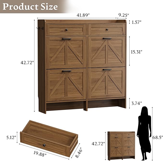 Shoe Storage Cabinet for Entryway, Farmhouse Wide Shoe Cabinet with 4 Flip Drawers and 2 Top Drawers, Freestanding Organizer with Adjustable Shelves, Hooks, and Anti-Tip Kit for Hallway