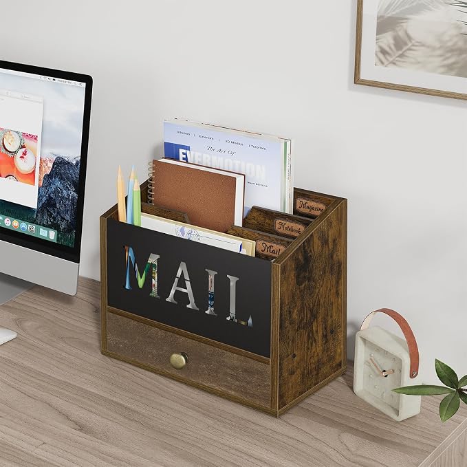 YINMIT Mail Organizer Countertop with 3 Compartments and Drawer, Mail Holder for Desk, Mail Sorter, Mail Organizer Wall Mounted, Countertop Desk Office Accessories Organizer for File Paper Folder
