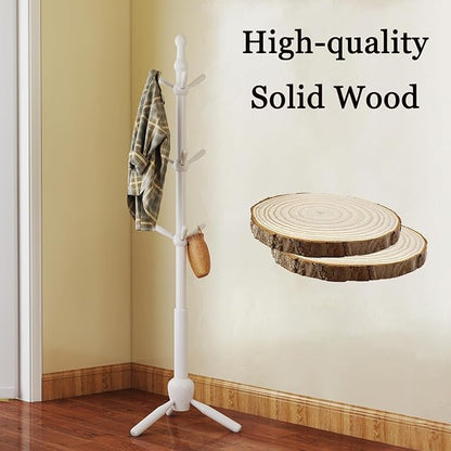 Solid Wood Coat Rack Stand, Morden Heavy Duty Coat Hanger Stand with 9 Hooks, 3 Adjustable Size Sturdy Coat Tree for Living Room, Entryway, Office, Hallway, White
