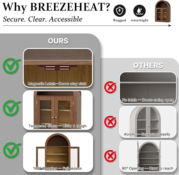 BREEZEHEAT Bathroom Medicine Cabinet Wall Mount-Over The Toilet Storage Cabinet-Arched Wall Cabinet with Glass Doors & Adjustable Shelves, Wood Cabinet for Laundry Room, Kitchen, Living Room, Walnut