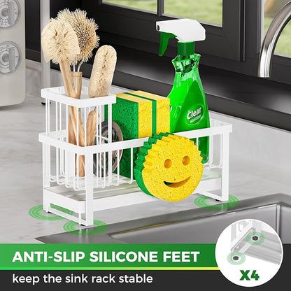 Taugast Sponge Holder for Kitchen Sink,Sink Caddy with Removable Dish Brush Holder,Self-Draining Kitchen Countertop Organizers and Storage Essentials,Soap Dispenser Organize and Home Decor-White