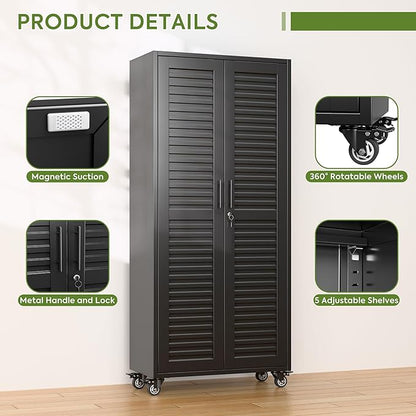 Garage Storage Cabinet with Wheels & Pegboard, Lockable Metal Storage Cabinet with Doors and 5 Adjustable Shelves for Garage, Home, Assembly Required, Black, 70.87" H x 31.5" W x 15.75" D