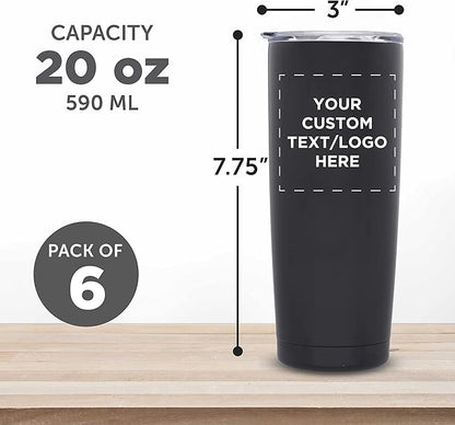 Custom Pipette Stainless Steel Coffee Tumblers 20 oz. Set of 6, Personalized Bulk Pack - Double Wall, Perfect for Coffee, Hot Cocoa, Other Hot & Cold Beverages - Black