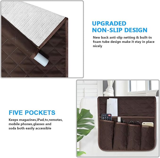 Sofa Armrest Organizer Non-Slip Arm Chair Bedside Caddy Storage Organizer for Recliner Couch with 5 Pockets for Cell Phone TV Remote Control Magazines(Coffee)