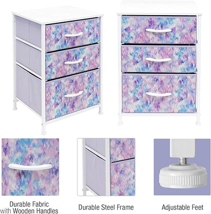 Sorbus Nightstand Storage Organizer with 3 Drawers - Kids Girls, Boys Bedroom Furniture Storage Chest for Clothes, Closet Organization - Steel Frame, Wood Top, Tie-dye Fabric Bin (Blue/Pink/Purple)