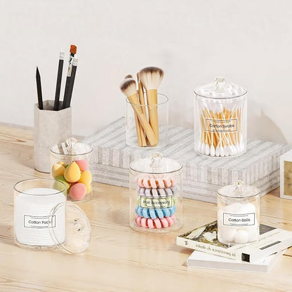 MateeyLife Qtip Holder 6 Pack, Acrylic Q-tip Dispenser for Cotton Pads, Swabs, Balls, Storage Containers for Organizing, Clear Bathroom Canisters with Lid, Apothecary Jars Home Decor Accessories Set