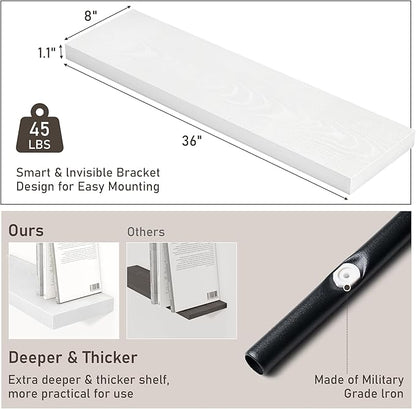 Fun Memories 36 Inch Floating Shelves, Wall Shelves Set of 2 for Bathroom/Living Room/Bedroom/Kitchen, White Floating Shelf for Wall Decor with Invisible Brackets