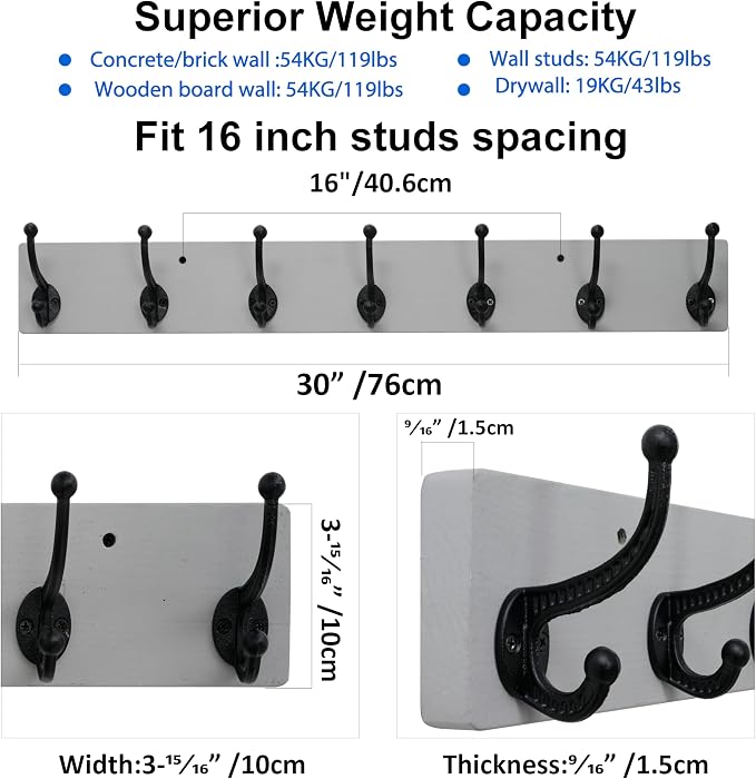 WEBI Rustic Coat Rack Wall Mount,30" Long 7 Cast Iron Coat Hooks Wall Mounted,Heavy Duty Wood Wall Coat Hanger Hooks for Hanging Coats,Jacket,Clothes,Backpack,Farmhouse,Gray,2 Packs