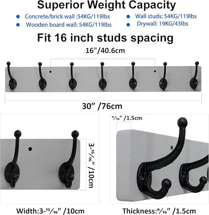 WEBI Rustic Coat Rack Wall Mount,30" Long 7 Cast Iron Coat Hooks Wall Mounted,Heavy Duty Wood Wall Coat Hanger Hooks for Hanging Coats,Jacket,Clothes,Backpack,Farmhouse,Gray,2 Packs