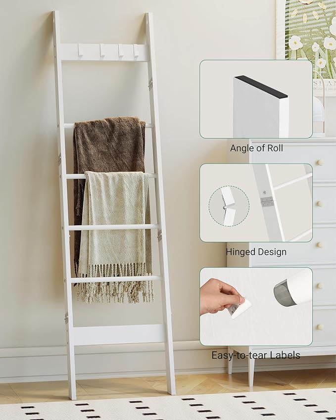 Hzuaneri Blanket Ladder for Living Room, Decorative Quilt Rack with 4 Removable Hooks, 6-Tier Farmhouse Ladder Holder Shelf Organizer for Bedroom, White BR31513W