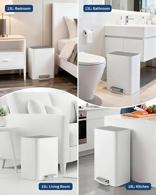 4.8 Gallon/18 Liter Trash Can, Stainless Steel Step Garbage Can with Quiet Soft-Close Lid, Foot Pedal & Removable Inner Bucket, Rectangular Trash Bin for for Small Kitchen Home Garage Office, White