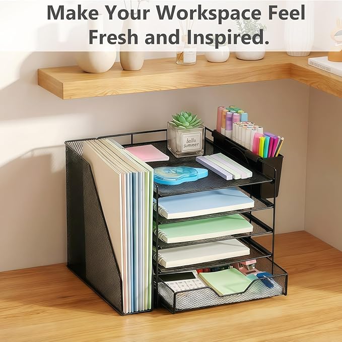 Desk Organizers and Accessories, 5-Tier Paper Letter Tray Organizer with File Holder, Drawer & Pen Holder, Office Desk Accessories, Desktop Organizer for Classroom Office Supplies, Black