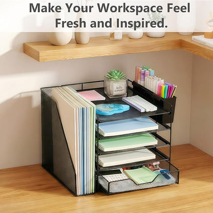Desk Organizers and Accessories, 5-Tier Paper Letter Tray Organizer with File Holder, Drawer & Pen Holder, Office Desk Accessories, Desktop Organizer for Classroom Office Supplies, Black