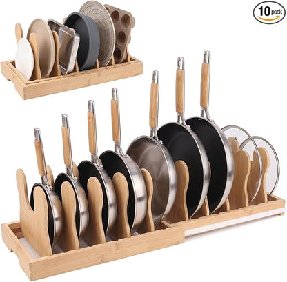 MEKER Pot Lid Holders, Cabinet Organizer for Food Contanier Lid, Bamboo Expandable Bakeware for Under Cabinet, Adjustable Dividers, Pot Lids Holder Rack, Cookie Sheet Baking Pan, Tray Organizer, 10PCS