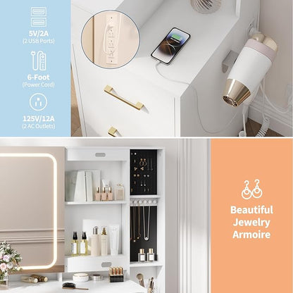 IDEALHOUSE Vanity Desk with Mirror and Lights, Makeup Vanity Set with Drawers & Chair, 3 Light Mode and Brightness Adjusted & Power Outlet, Dressing Table with Hairdryer Holder for Bedroom