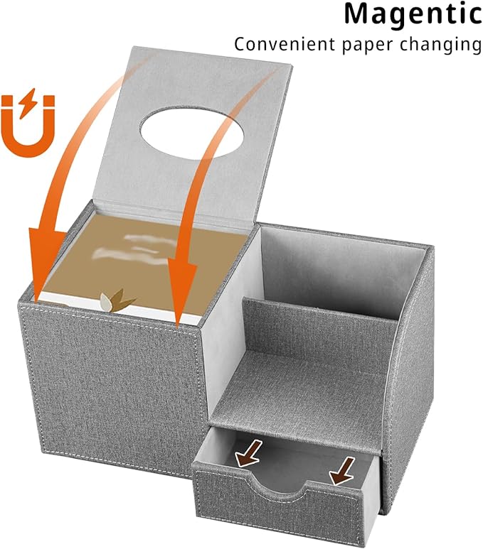 Nightstand Organizer with Tissue Holder,PU Leather Square Tissue Box Cover,Modern Facial Paper Organizer Storage Box for Remote Control,Bathroom,Vanity Countertop,End Table Home Office.Gray