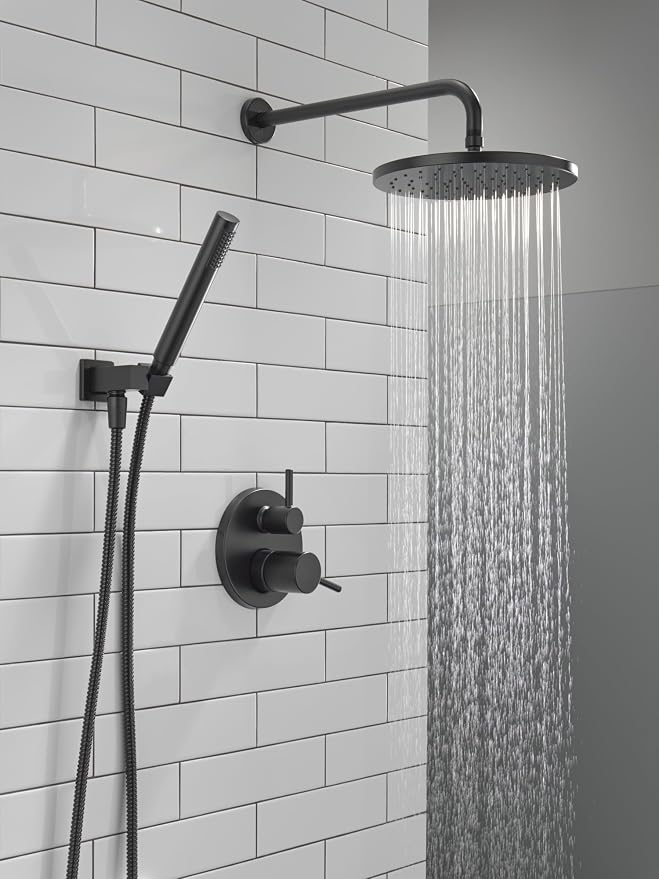 Delta Modern 14 Series Round Rain Shower System Faucet Set, Rainfall Matte Black Shower Head and Handle Set, Valve Trim Kit, 10 Inch, Matte Black T342702-BL (Valve Not Included)