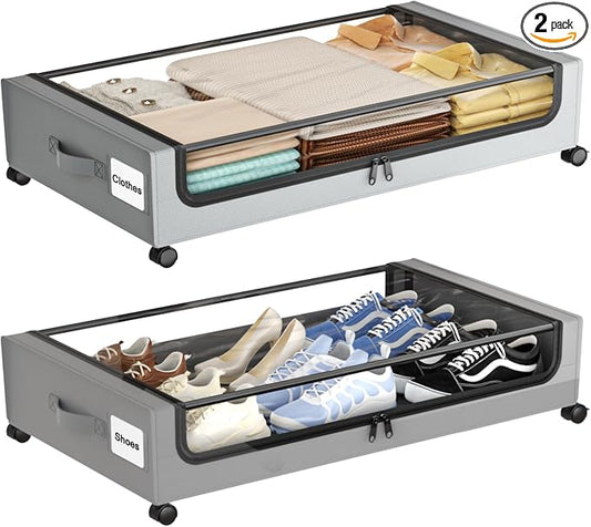 Under Bed Storage with Wheels,XXL 60L Under Bed Storage Containers with Clear Lids, Rolling Under Bed Metal Drawer for Clothes, Shoes,Toys(Gray, 2 Pack)