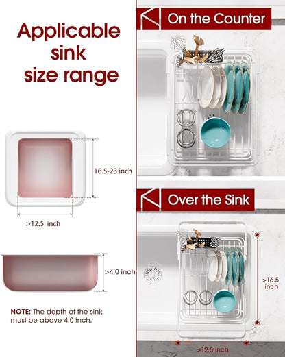 Extendable Dish Drying Rack Over Sink with Dish Drainer, Sink Organization and Storage Essentials with Silverware & Utensil Holder, Home and Apartment Decor, 12" W x 16.1~23" L, White