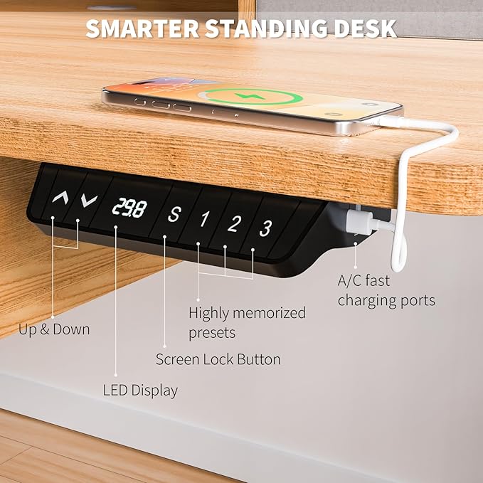55 * 30 Inches Electric Standing Widened Desk Adjustable Height with 4 Drawers, Double Storage Shelves, Home Office Workstation Sit Stand up Desk (Nature)