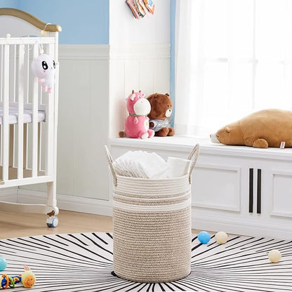 VIPOSCO Tall Laundry Hamper, Woven Rope Storage Basket for Blanket, Toys, Dirty Clothes in Living Room, Bathroom, Bedroom - 30L Brown & White