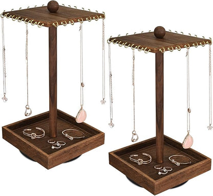 Ikee Design 2 Pcs Set Wooden Rotating Jewelry Display Stand Tower,Jewelry Organizer for Necklace and Bracelet,Rotating Necklace and Bracelet Holder Organizer,Jewelry Stand for Shows, Brown Color