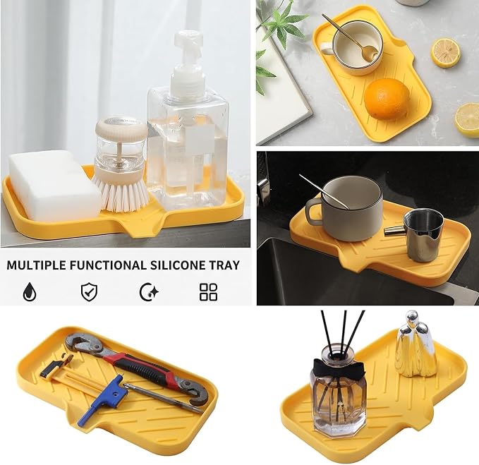 MicoYang Silicone Soap Dish with Drain Spout — Self-Draining Sink Organizer Tray for Bathroom & Kitchen, Sponges, Dispensers & Soap Holder, Non-Slip & Dishwasher Safe, Yellow (Medium, 9.6"×5.3")