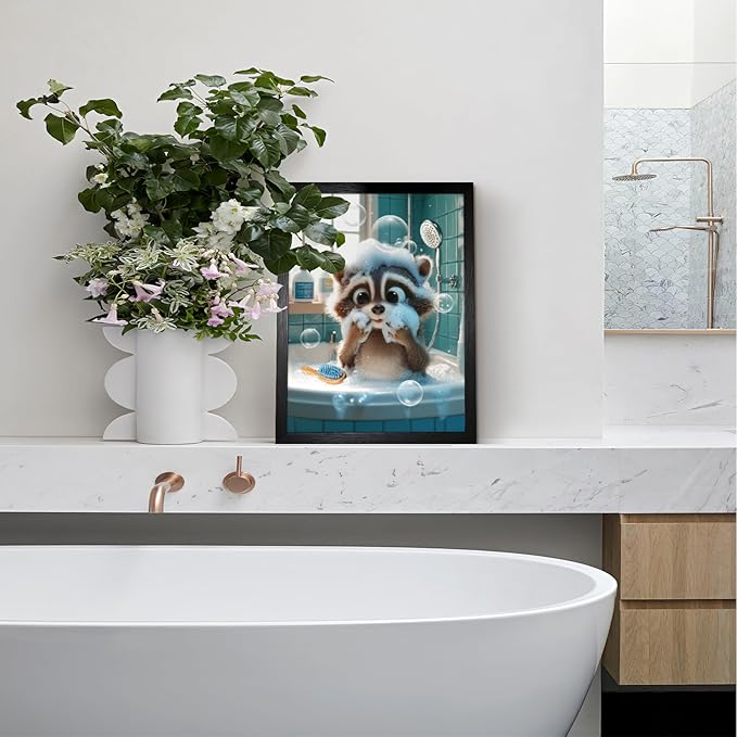 A Raccoon Covered In Foam In The Bathtub For Bathroom Wall Decor Framed Cute Animal Wall Decor For Bathroom Washroom Restroom Decor Rustic Humor Wall Poster (Black Framed) 12x18 Inch