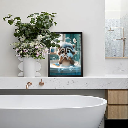 A Raccoon Covered In Foam In The Bathtub For Bathroom Wall Decor Framed Cute Animal Wall Decor For Bathroom Washroom Restroom Decor Rustic Humor Wall Poster (Black Framed) 12x18 Inch