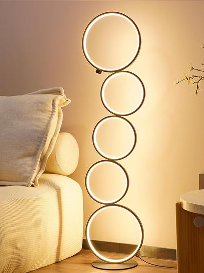 NUÜR Modern 5-Ring LED Floor Lamp, 43.3" Artistic Nesting Circle Standing Lamp, Stepless Dimmable Sculptural Accent Light for Living Room, Bedroom & Office, Minimalist Geometric Decor