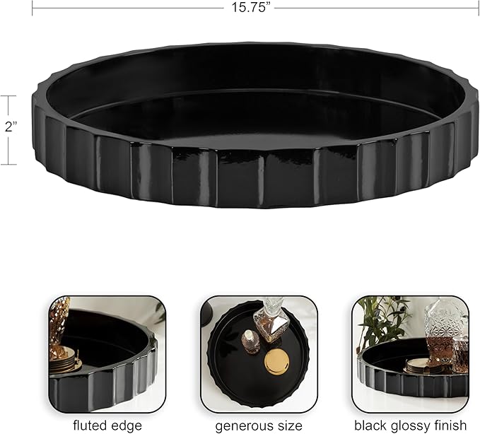 Kate and Laurel Lissi Decorative Round Tray with Wavy Design, 16 Inch Diameter, Black, Modern Scalloped Circle Serving for Coffee Table Ottoman, Dining Table, or Entryway Catch-All