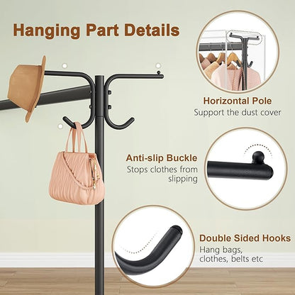 Hoctieon Z Clothes Rack with Cover, Metal Heavy Duty Clothing Rack, Rolling Garment Rack with Wheels, with Dustproof Cover Waterproof Protector, with 2 Durable Zippers, for Hanging Clothes, Black