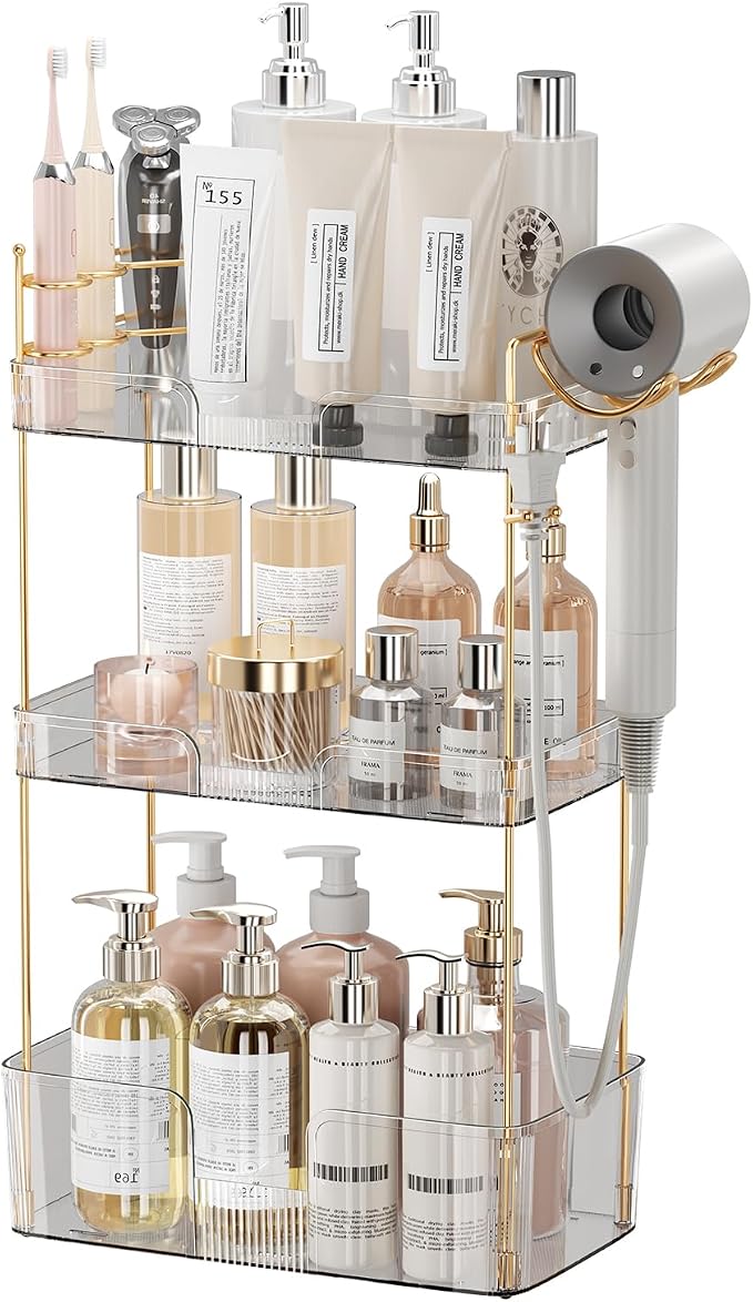 Akinbas 3 Tier Bathroom Organizer Countertop Makeup Perfume Tray Skincare Organizer Comes with Hair Dryer Rack and Toothbrush Holder for Bathroom Dresser Vanity (White)