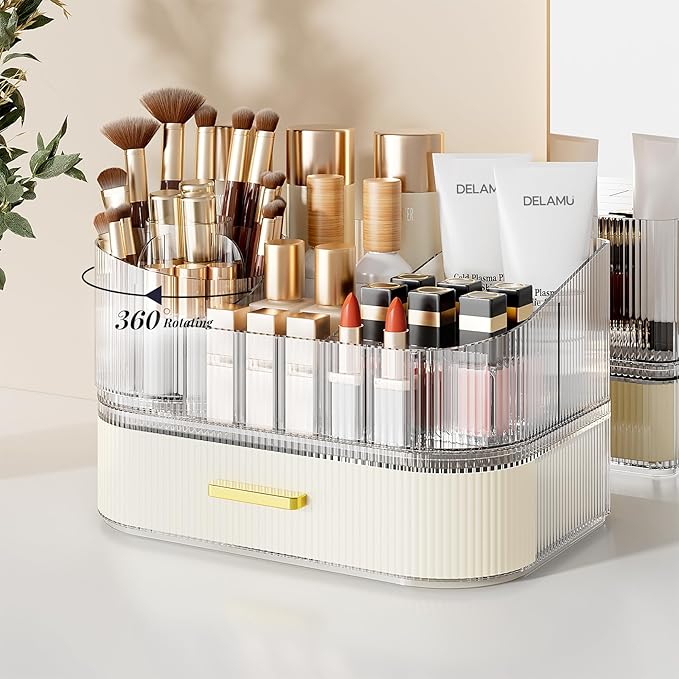 Delamu Makeup Organizer for Vanity with Stackable Drawers, 360 Rotating Makeup Brush Holder Large Cosmetic Display Case, Bathroom Skincare Storage, Elegant White, Ideal Christmas Gifts for Girls